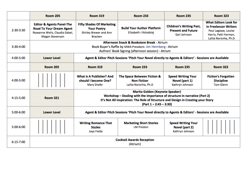 Schedule for the 2012 Maryland Writers Conference Annapolis Chapter